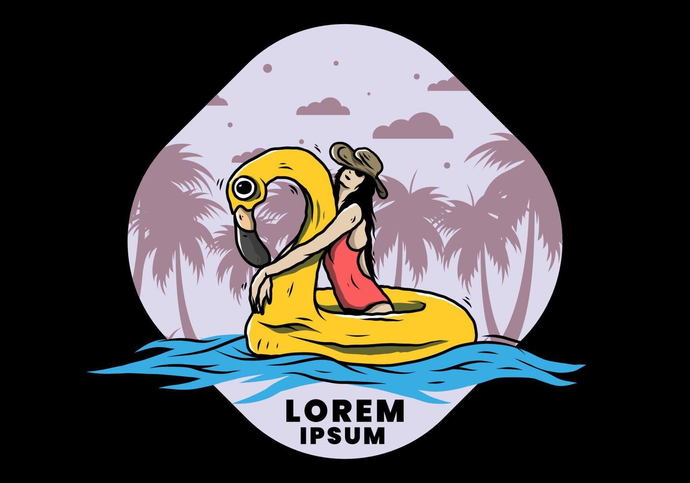 Girl wearing beach hat in an inflatable lifebuoy Flamingo illustration vector