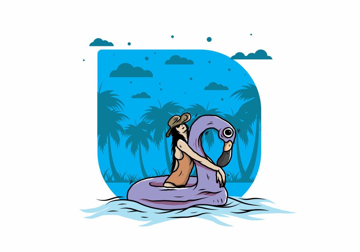 Girl wearing beach hat in an inflatable lifebuoy Flamingo illustration vector