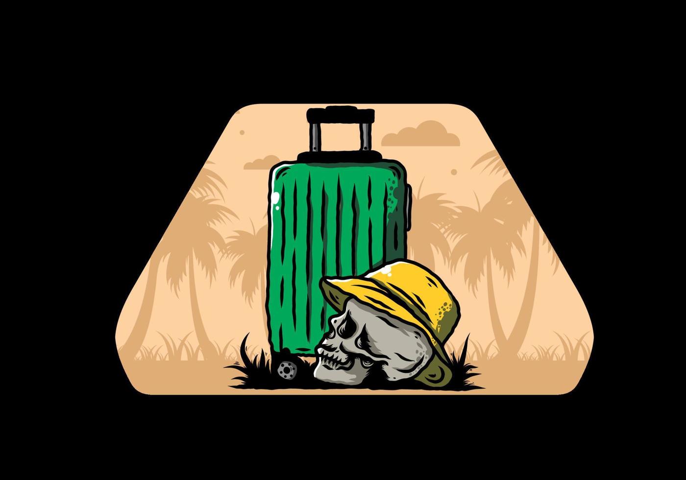 skull head wearing a hat under a traveling suitcase illustration vector