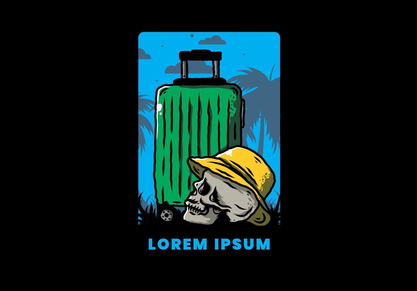 skull head wearing a hat under a traveling suitcase illustration vector