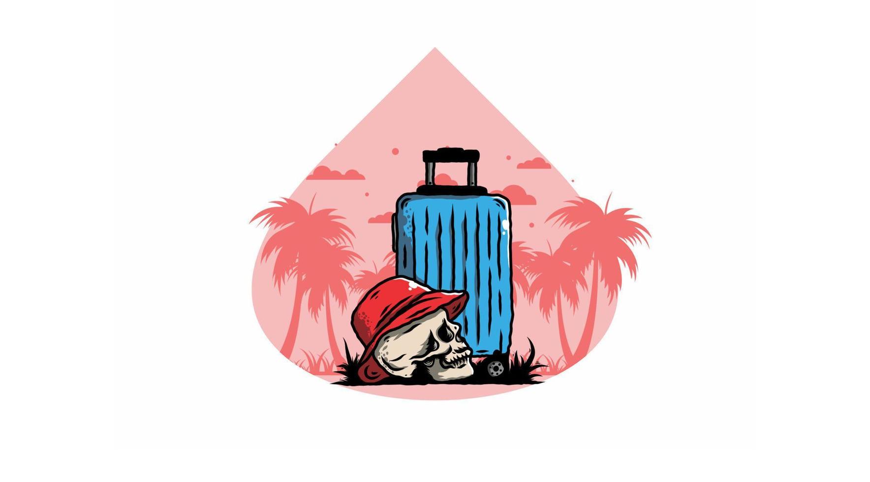 skull head wearing a hat under a traveling suitcase illustration vector