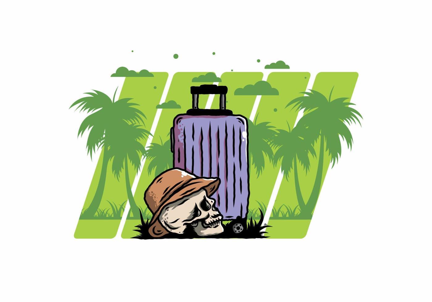 skull head wearing a hat under a traveling suitcase illustration vector