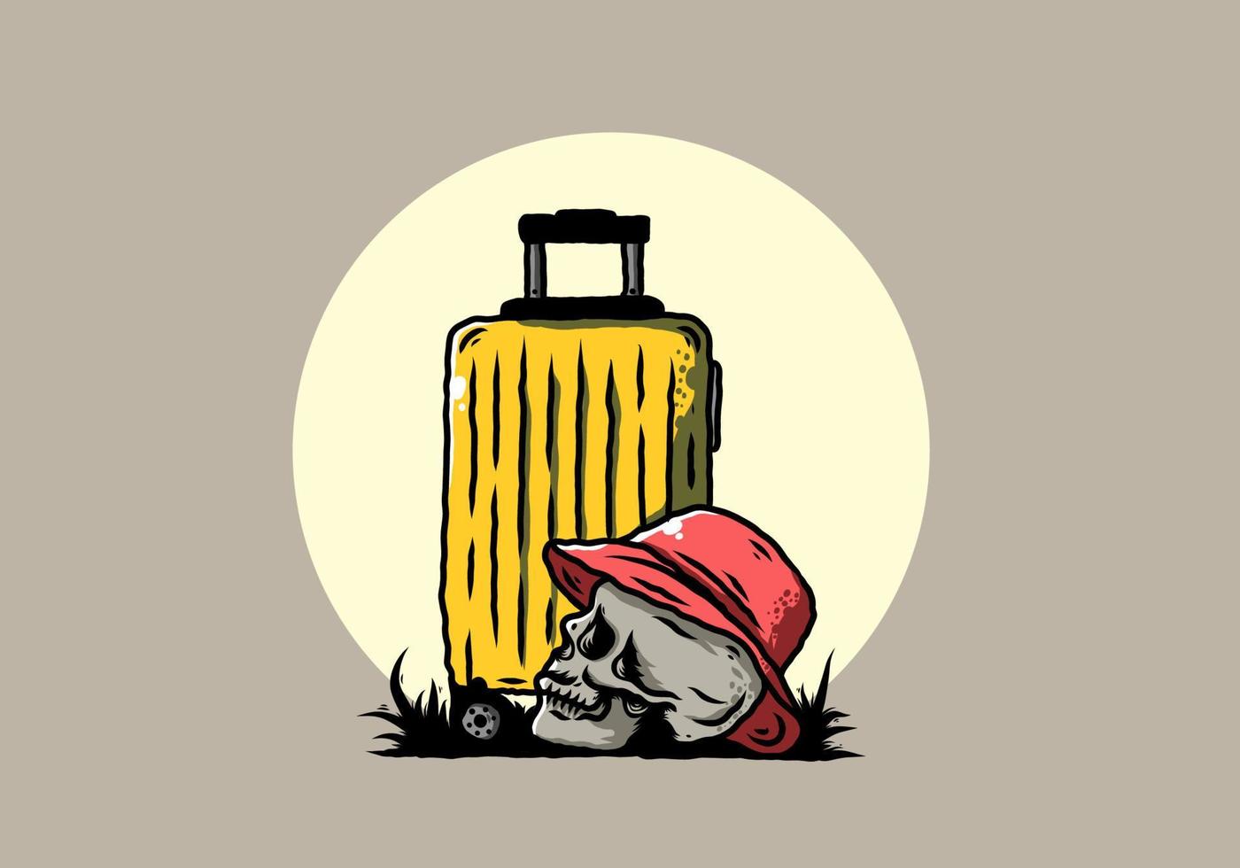 skull head wearing a hat under a traveling suitcase illustration vector