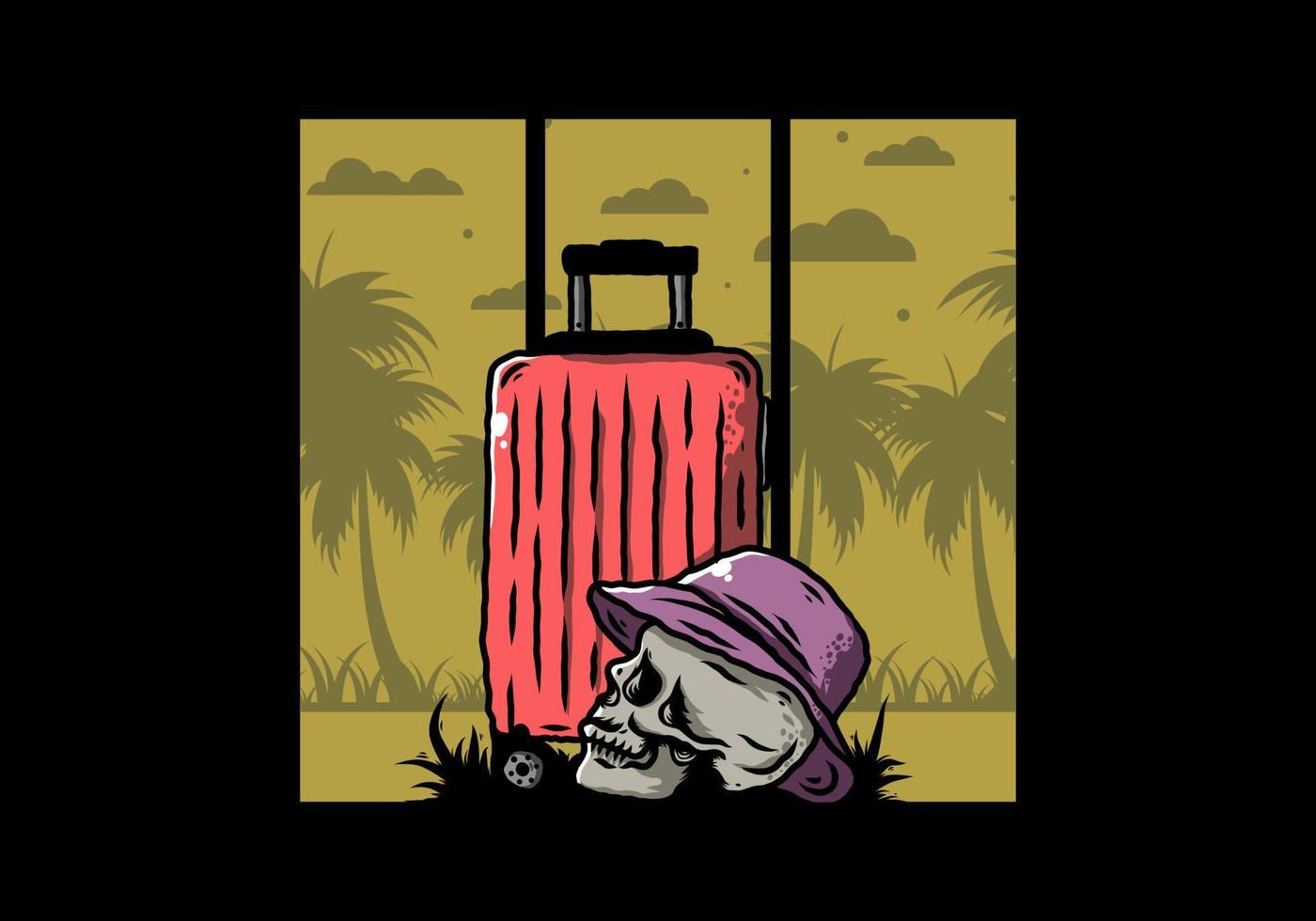 skull head wearing a hat under a traveling suitcase illustration vector