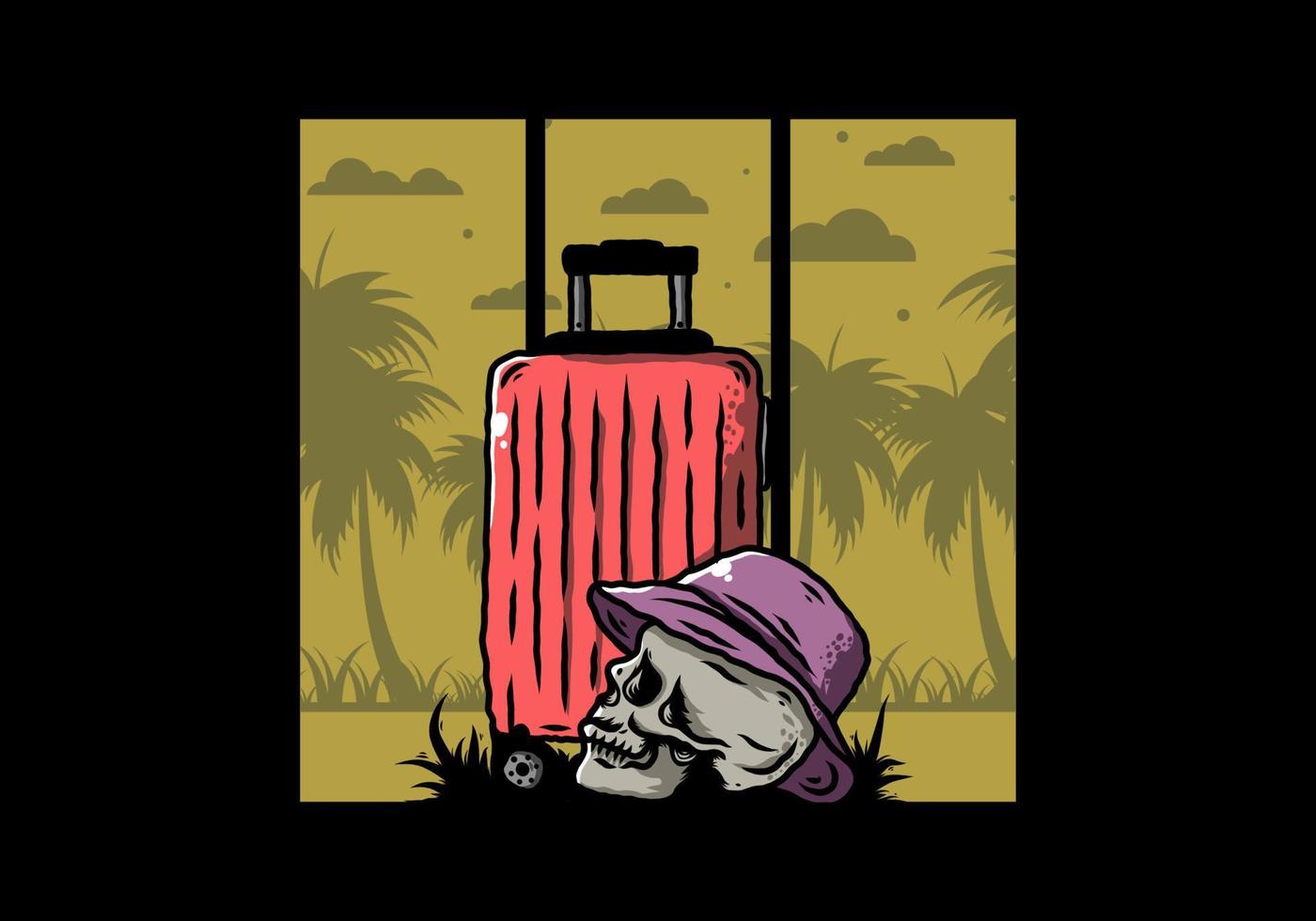 cabeza de calavera con un sombrero debajo de una ilustración de maleta de viaje vector