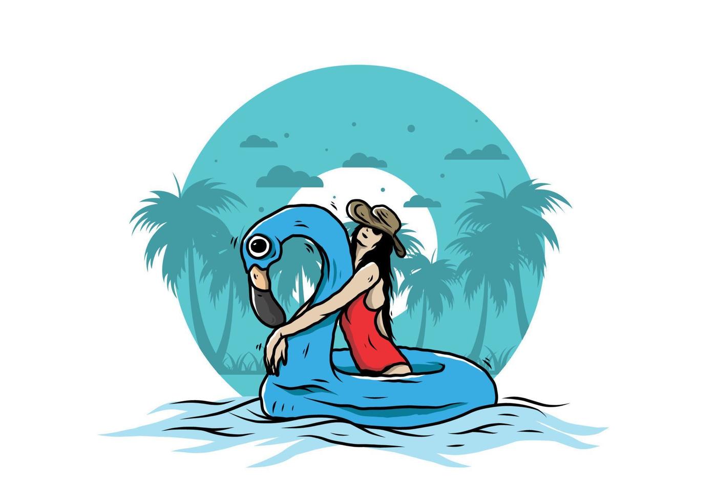 niña con sombrero de playa en una ilustración de flamenco salvavidas inflable vector