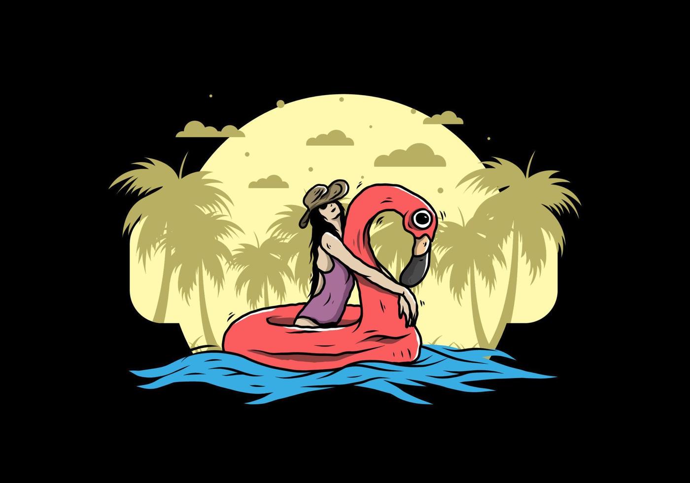 Girl wearing beach hat in an inflatable lifebuoy Flamingo illustration vector