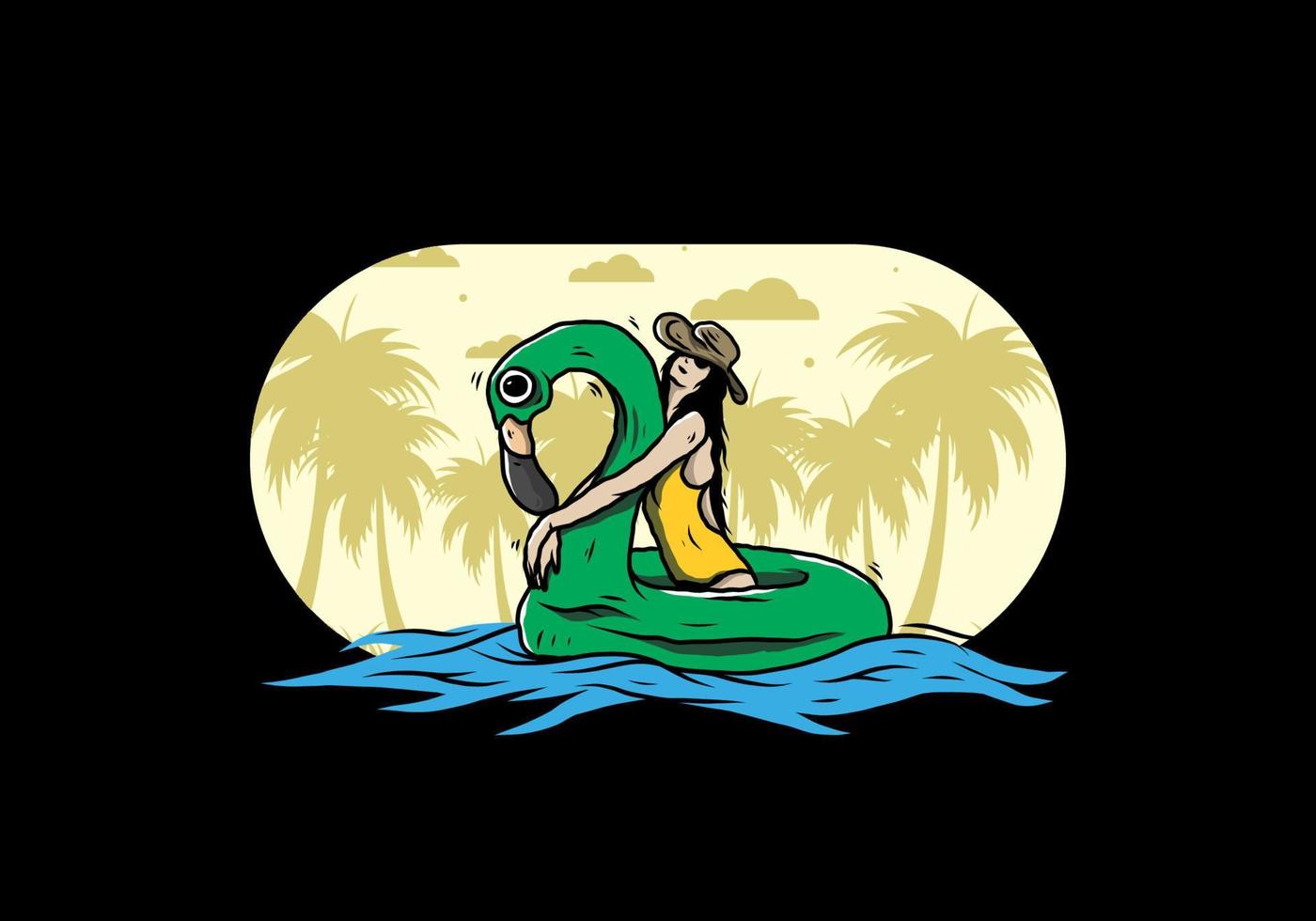 Girl wearing beach hat in an inflatable lifebuoy Flamingo illustration vector