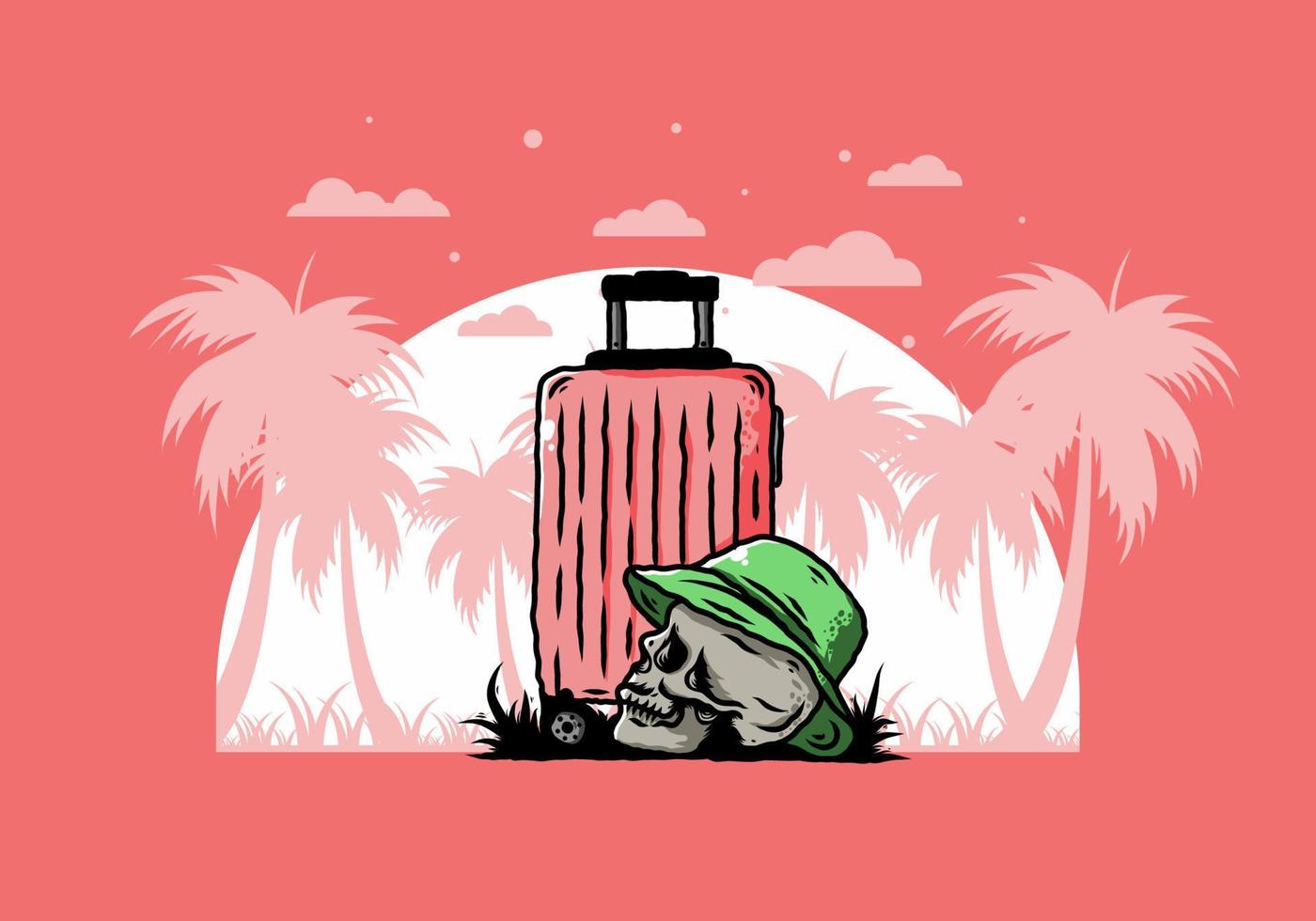 skull head wearing a hat under a traveling suitcase illustration vector