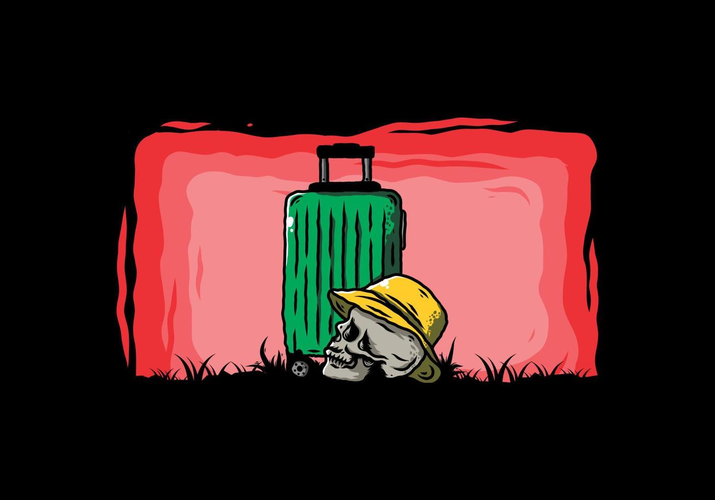 skull head wearing a hat under a traveling suitcase illustration vector
