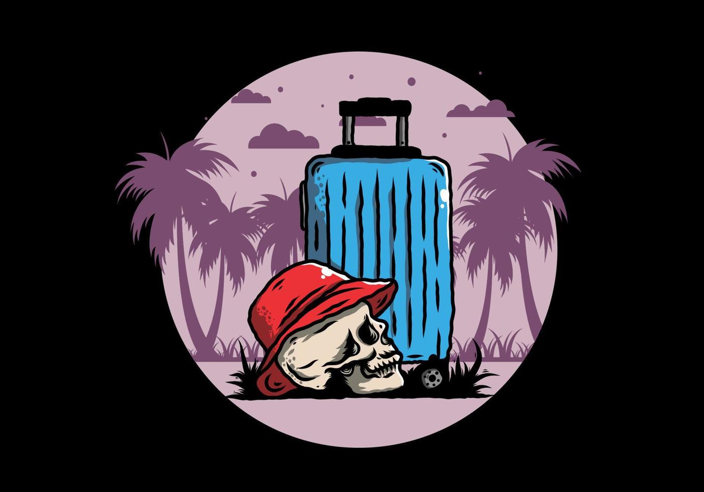 skull head wearing a hat under a traveling suitcase illustration vector