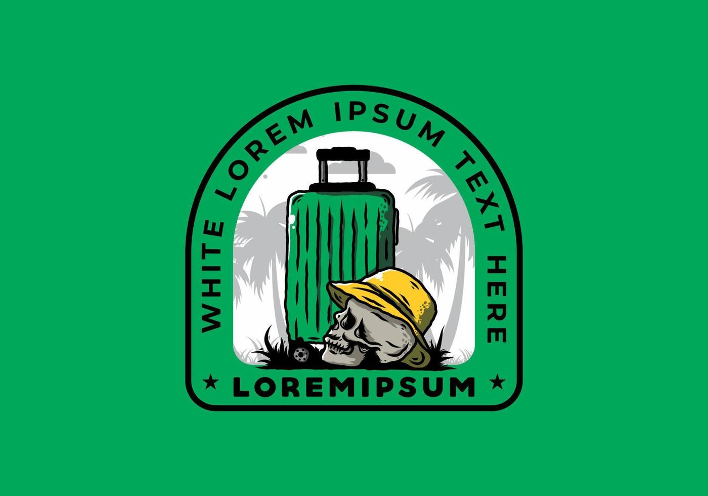 skull head wearing a hat under a traveling suitcase illustration vector