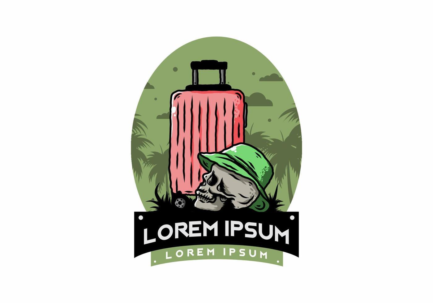 skull head wearing a hat under a traveling suitcase illustration vector