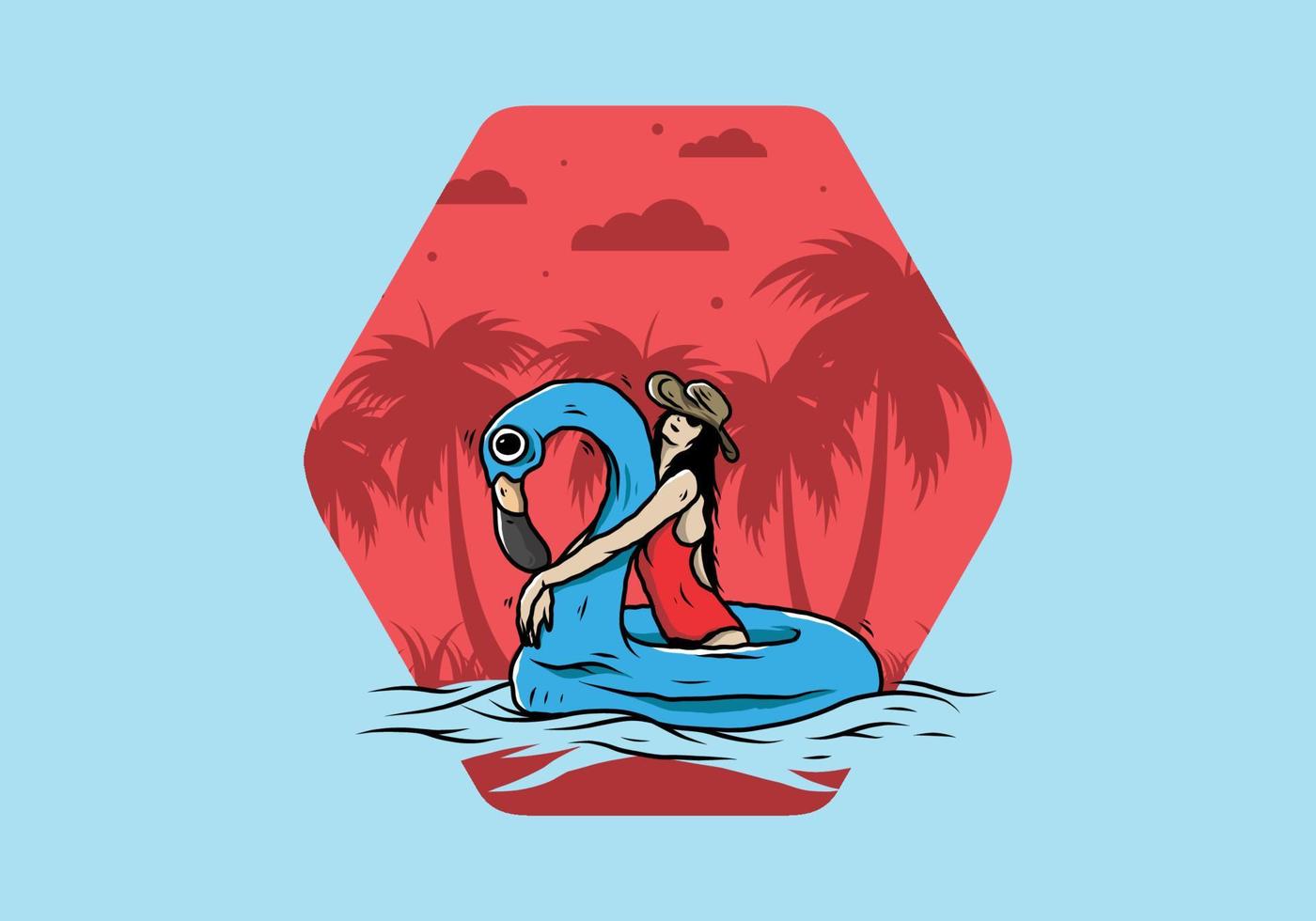 Girl wearing beach hat in an inflatable lifebuoy Flamingo illustration vector