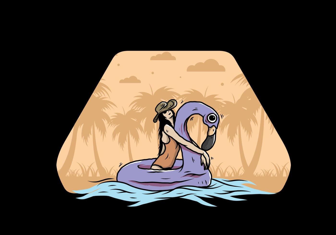 niña con sombrero de playa en una ilustración de flamenco salvavidas inflable vector