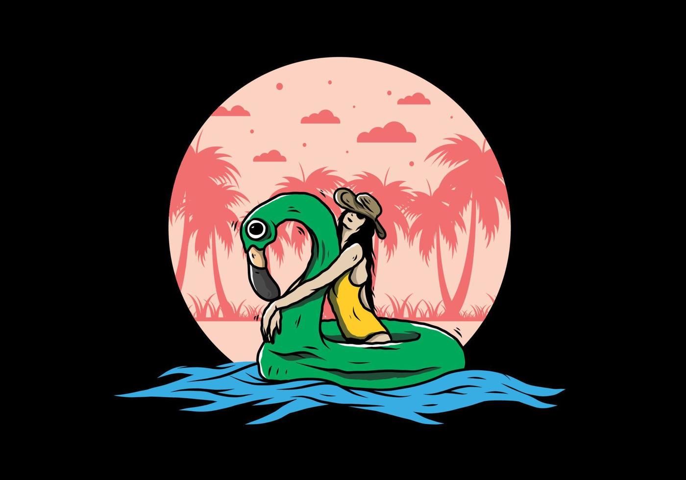 Girl wearing beach hat in an inflatable lifebuoy Flamingo illustration vector