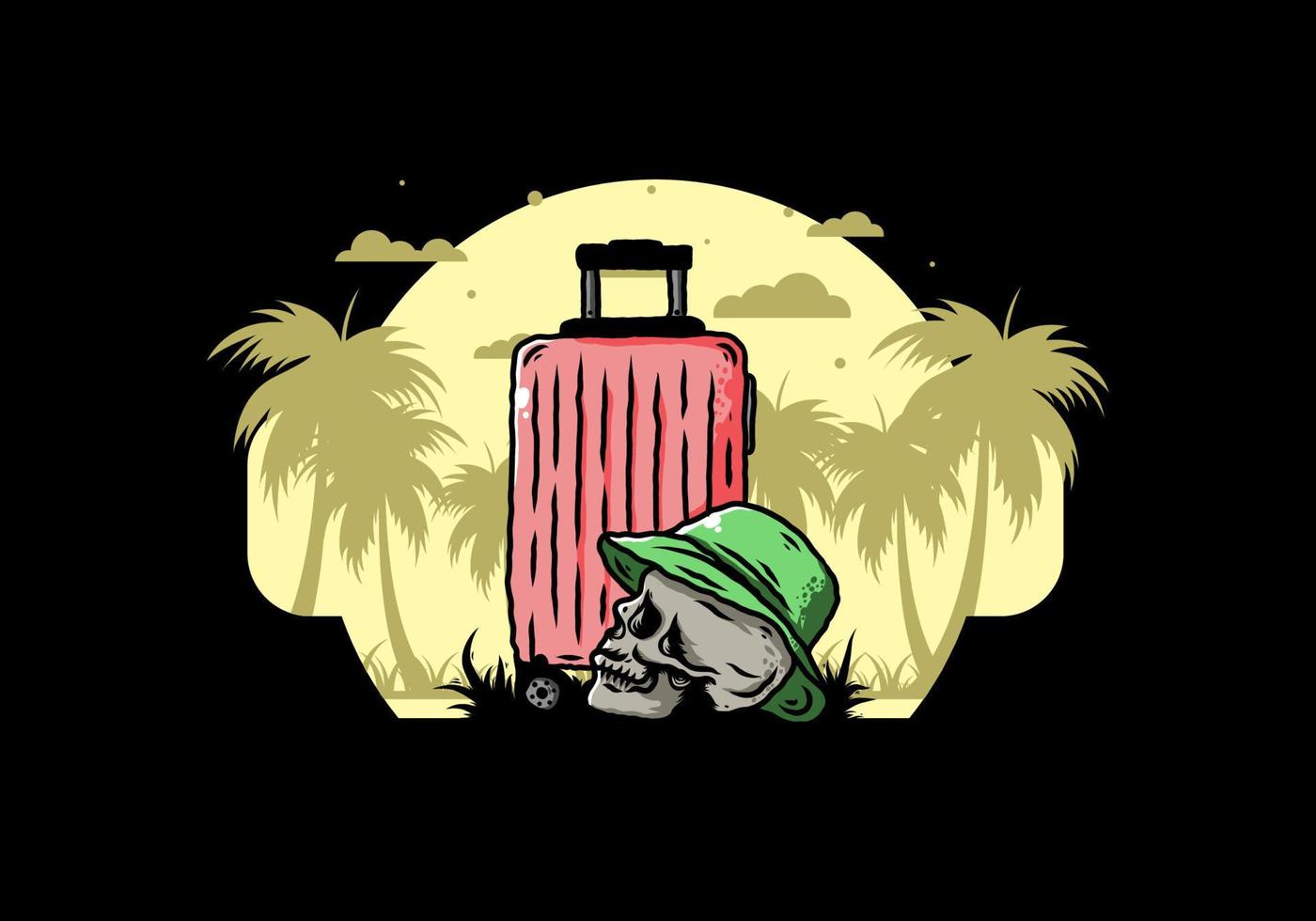 skull head wearing a hat under a traveling suitcase illustration vector