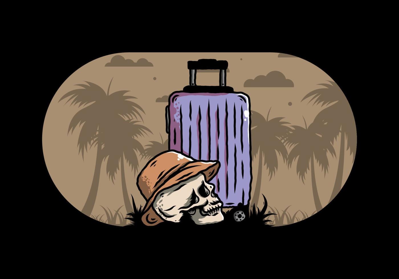 cabeza de calavera con un sombrero debajo de una ilustración de maleta de viaje vector