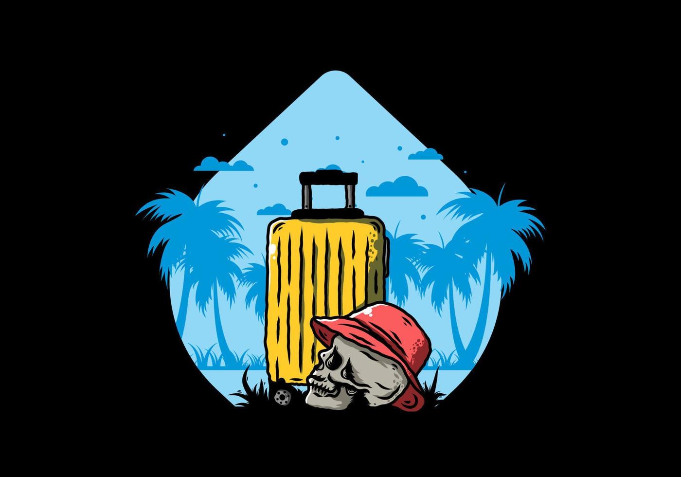 skull head wearing a hat under a traveling suitcase illustration vector