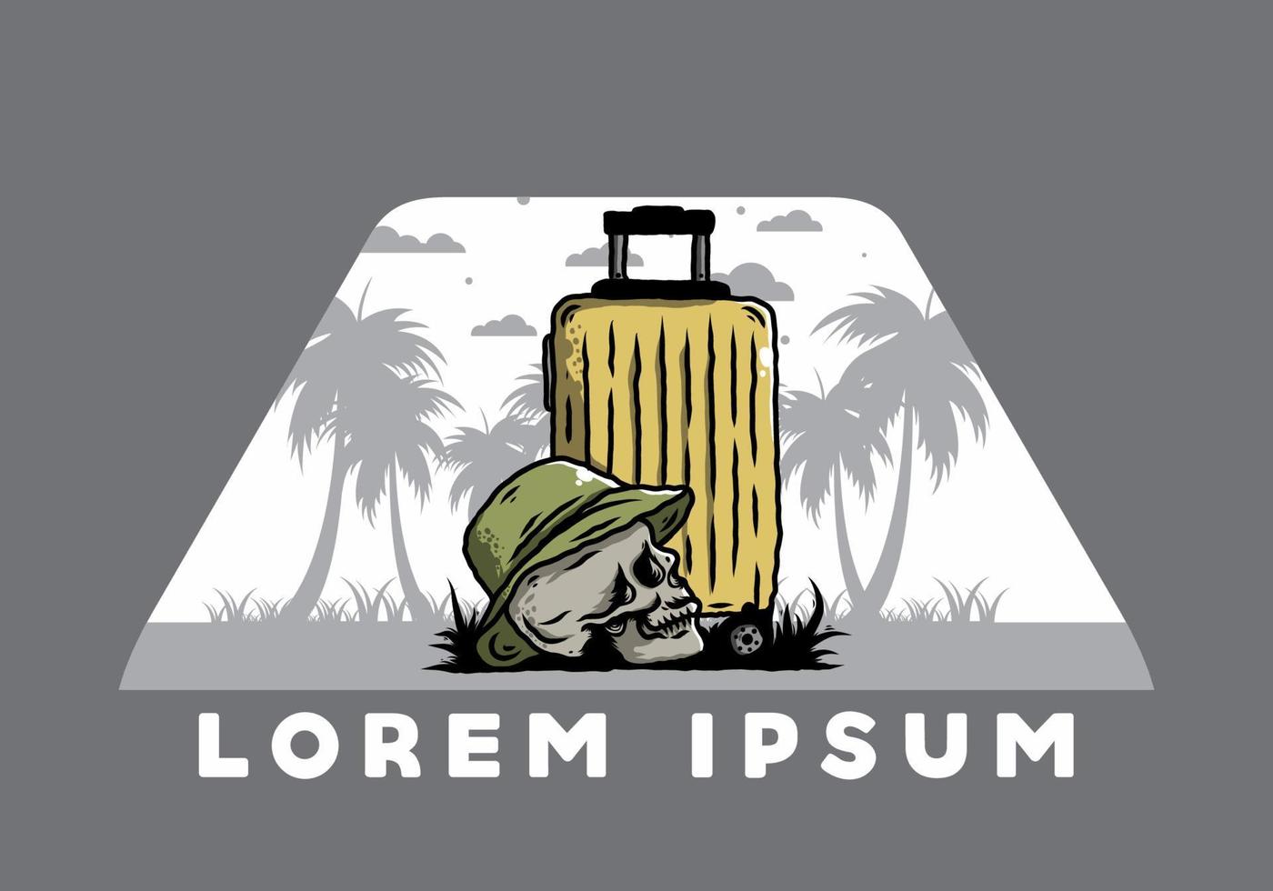 skull head wearing a hat under a traveling suitcase illustration vector