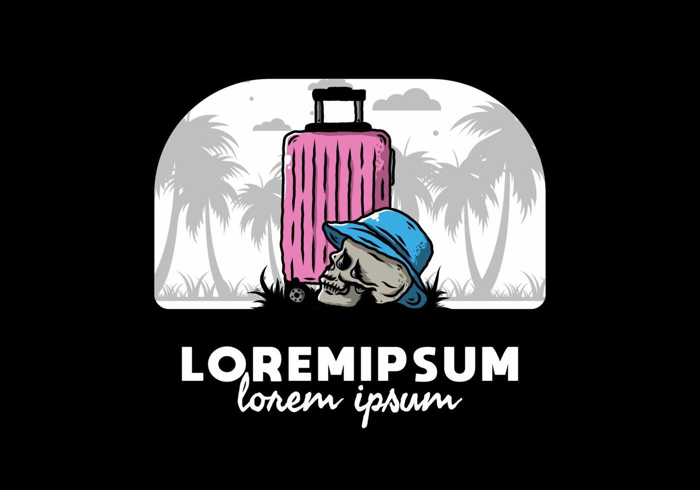 skull head wearing a hat under a traveling suitcase illustration vector