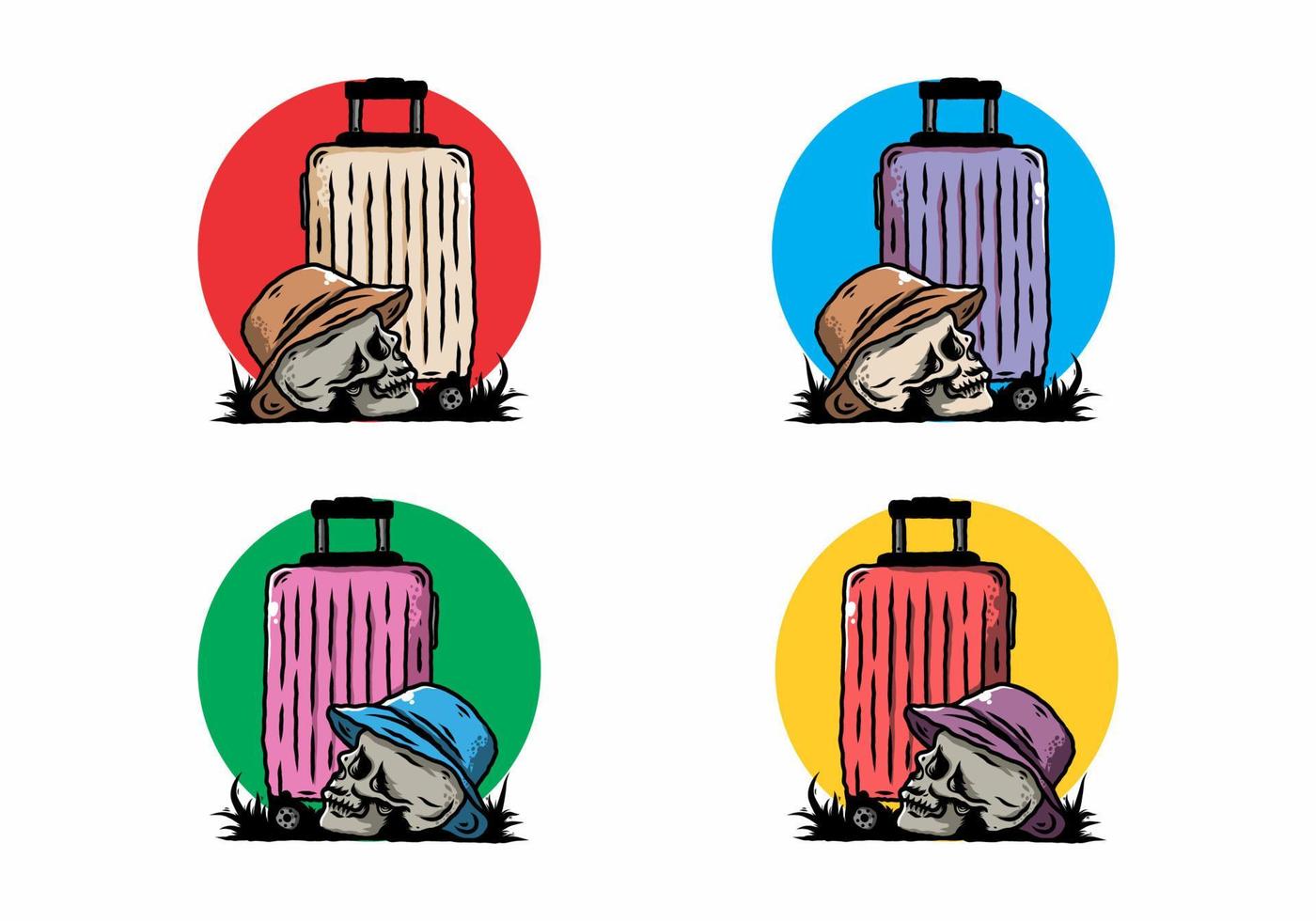 skull head wearing a hat under a traveling suitcase illustration vector