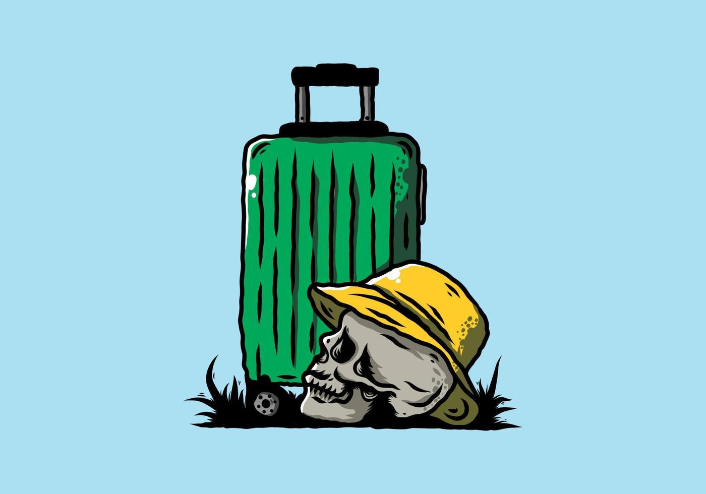skull head wearing a hat under a traveling suitcase illustration vector
