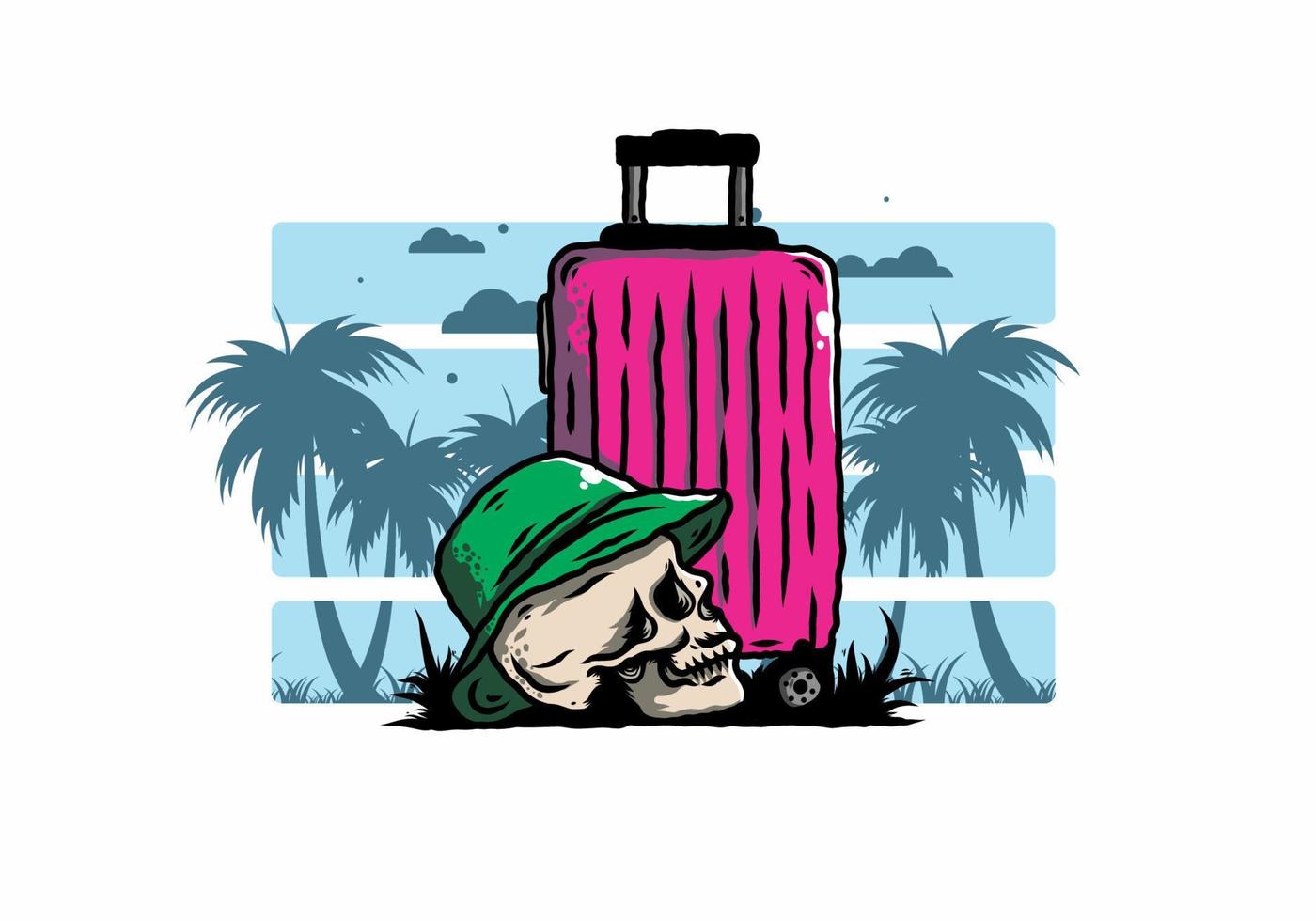 skull head wearing a hat under a traveling suitcase illustration vector