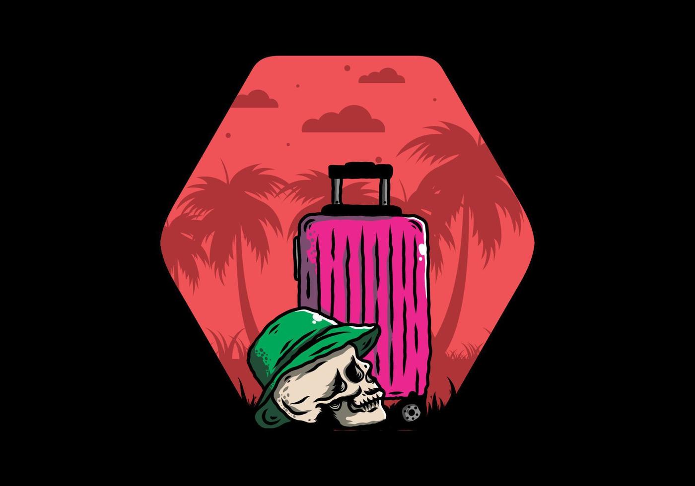 skull head wearing a hat under a traveling suitcase illustration vector