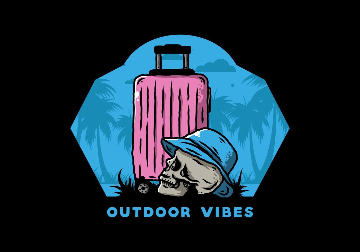 skull head wearing a hat under a traveling suitcase illustration vector
