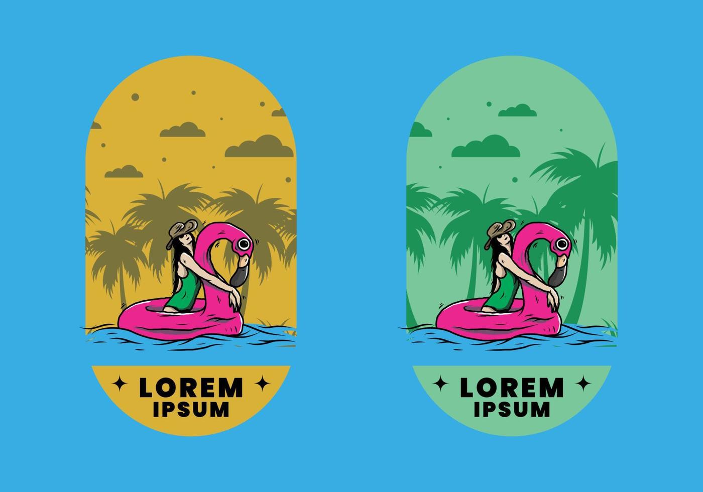 Girl wearing beach hat in an inflatable lifebuoy Flamingo illustration vector