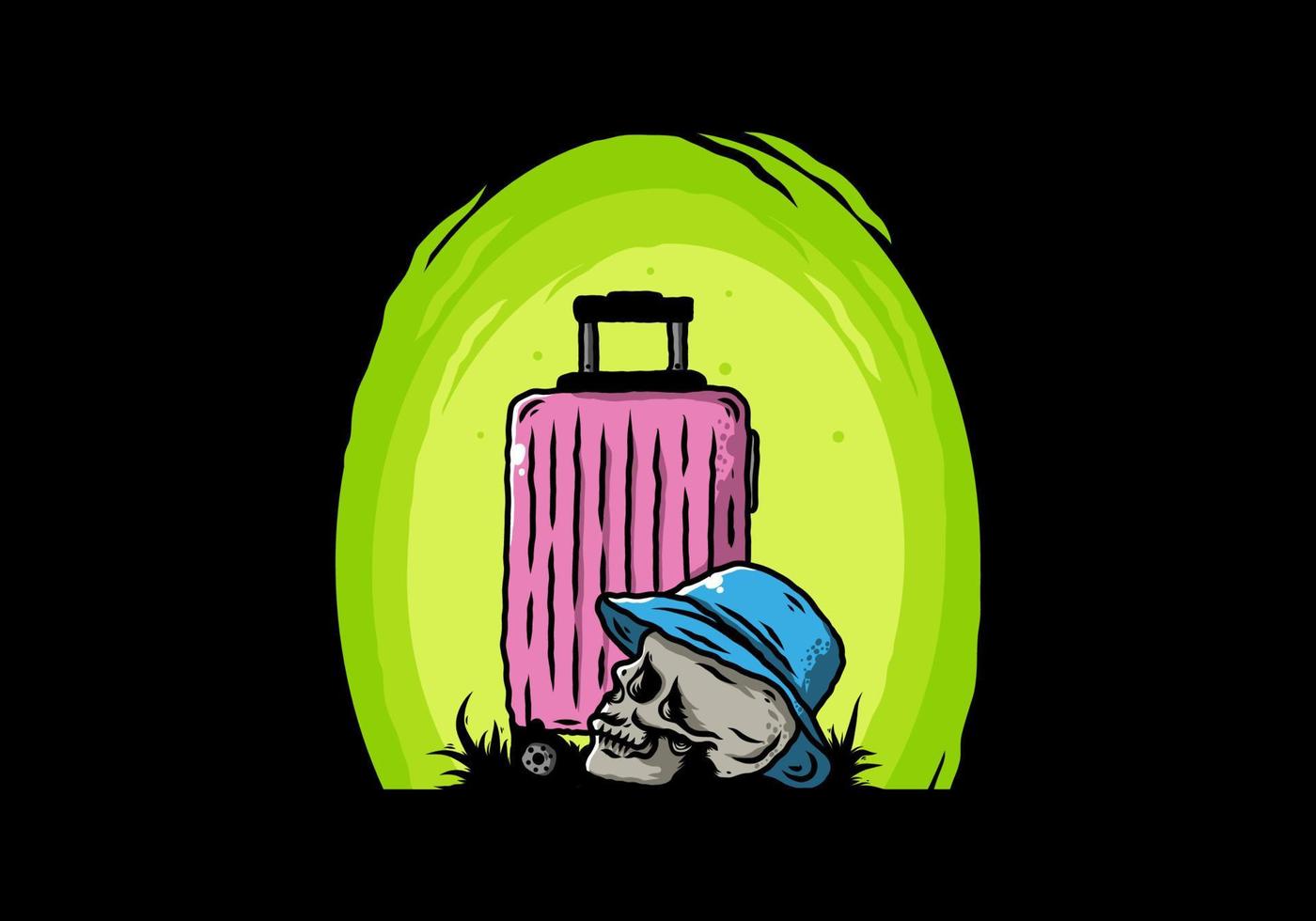 skull head wearing a hat under a traveling suitcase illustration vector