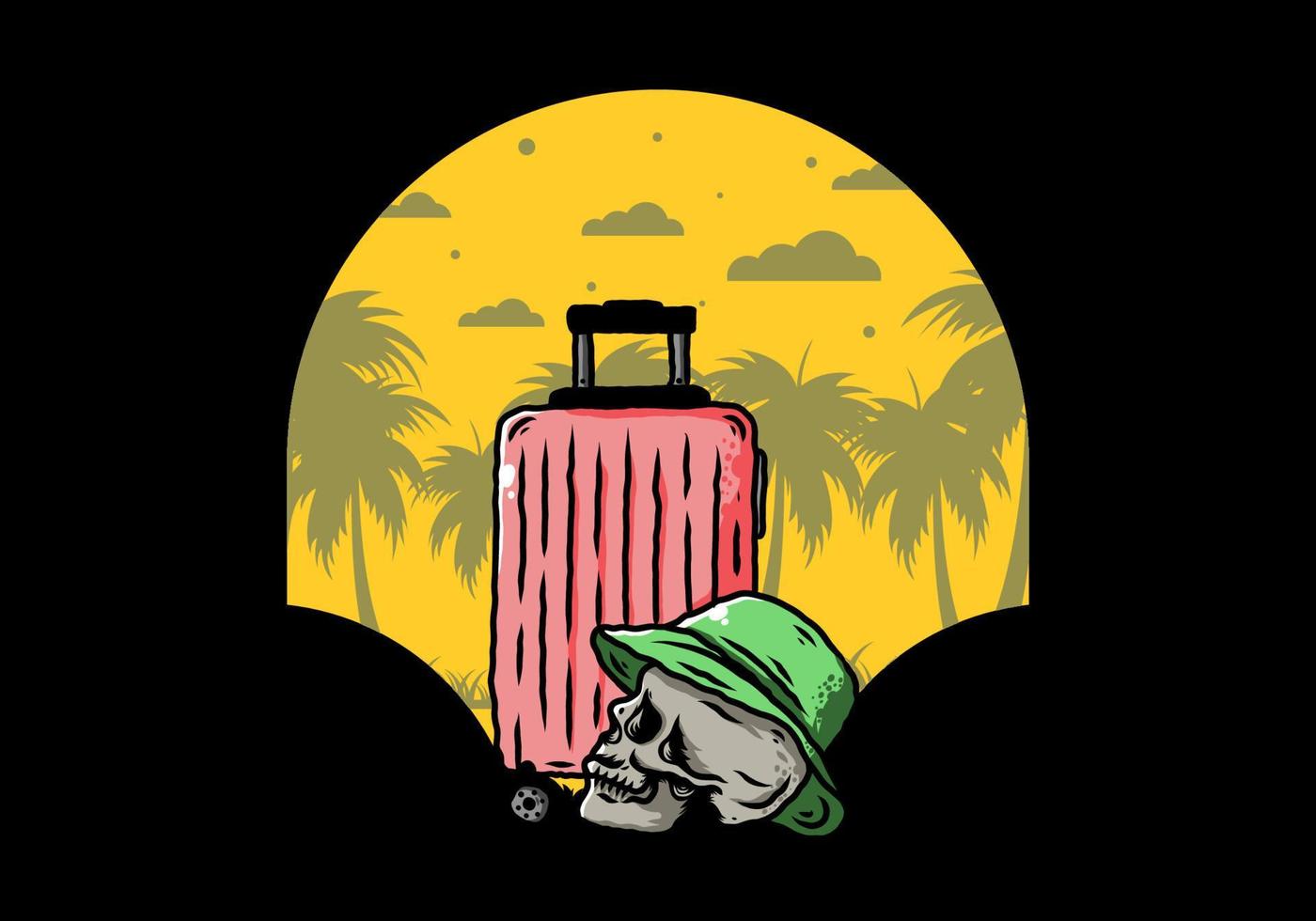 skull head wearing a hat under a traveling suitcase illustration vector