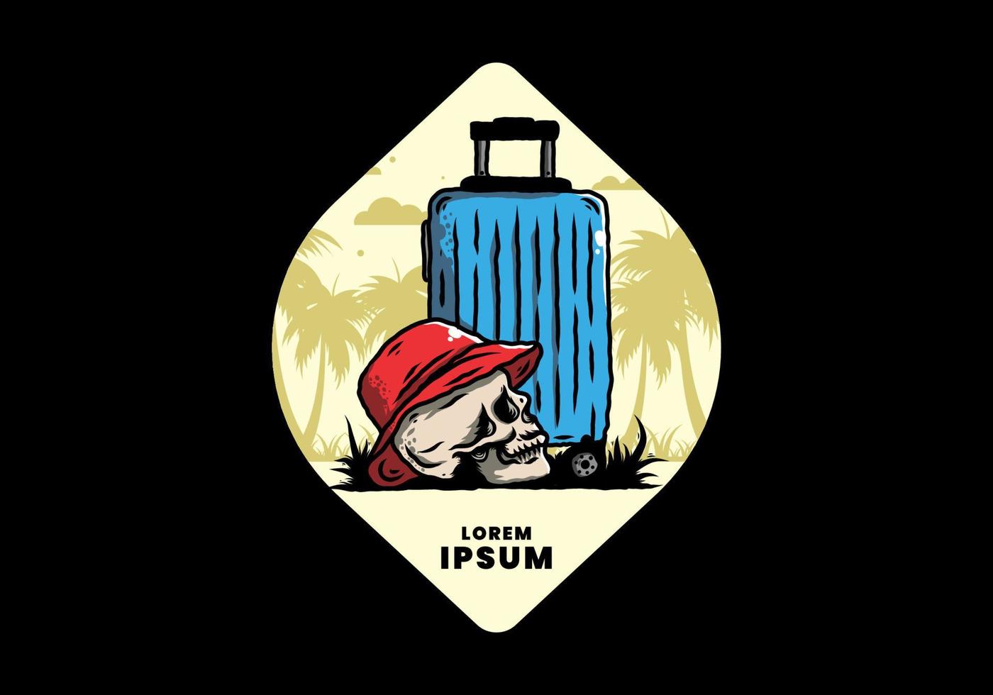 skull head wearing a hat under a traveling suitcase illustration vector