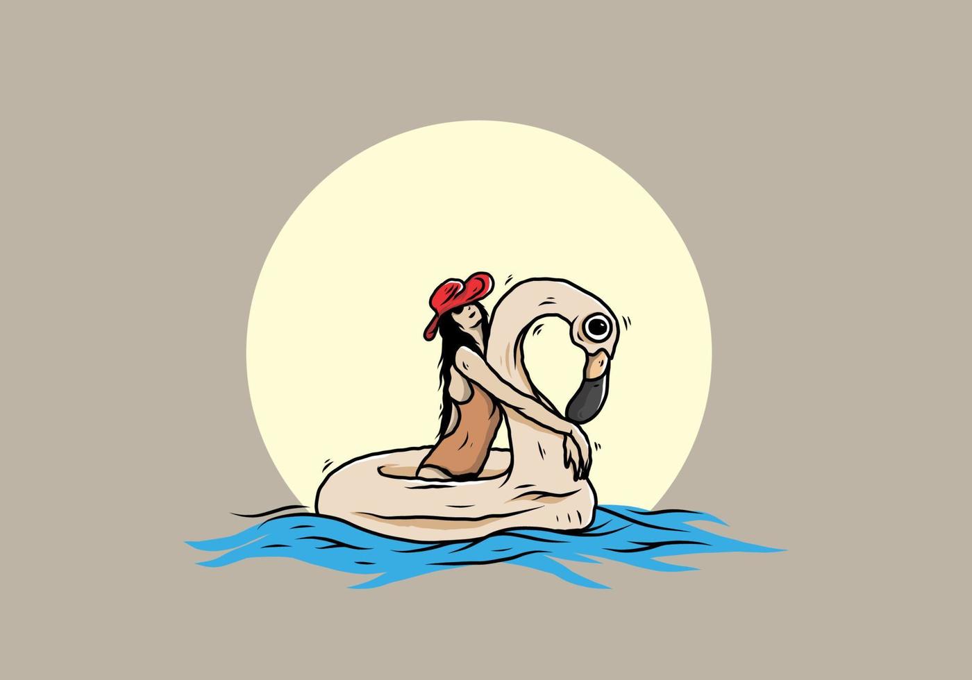 Girl wearing beach hat in an inflatable lifebuoy Flamingo illustration vector