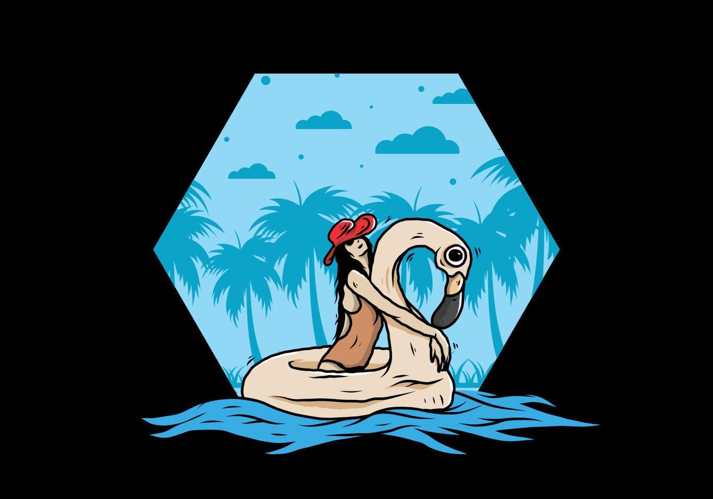 Girl wearing beach hat in an inflatable lifebuoy Flamingo illustration vector
