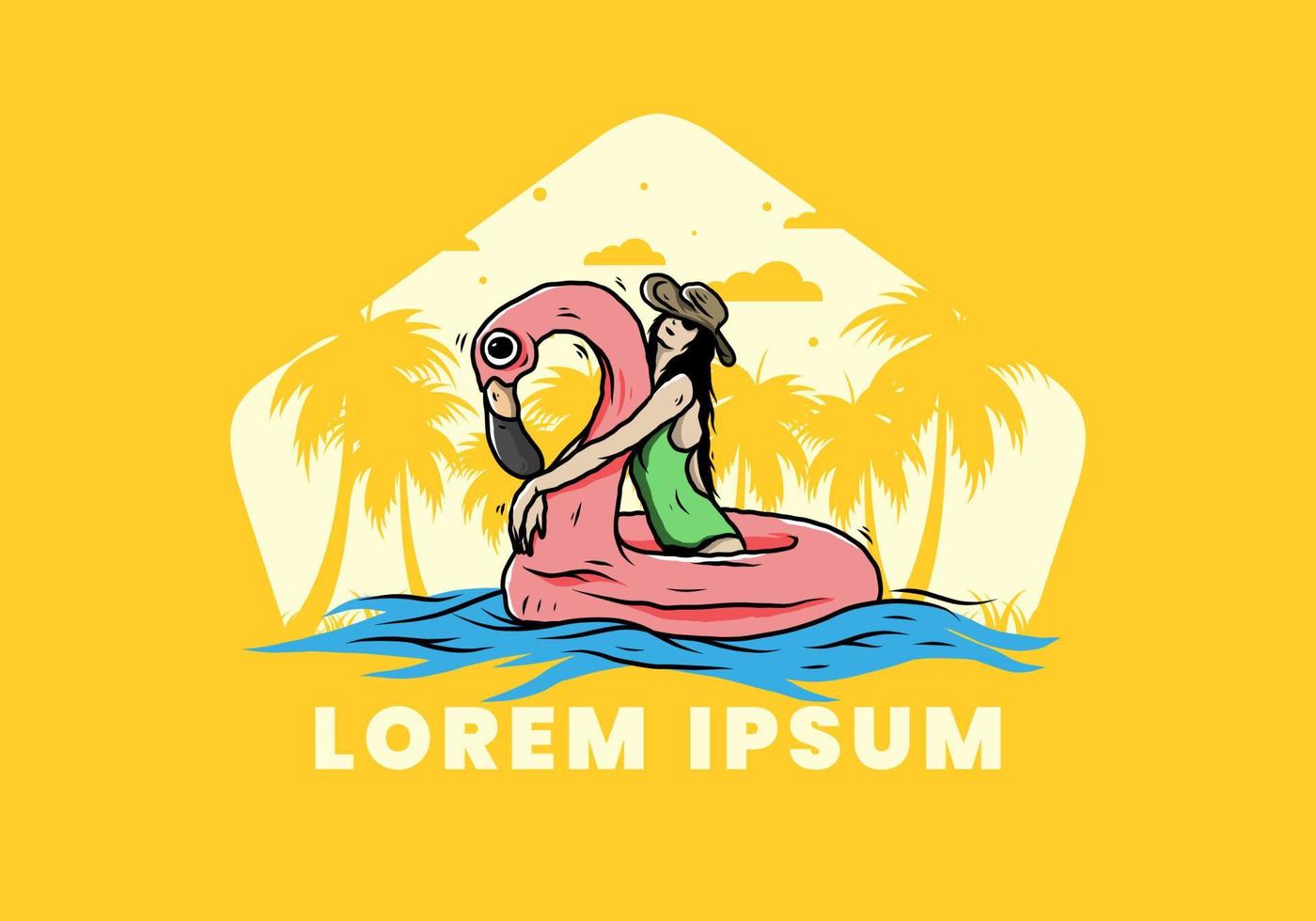 Girl wearing beach hat in an inflatable lifebuoy Flamingo illustration vector