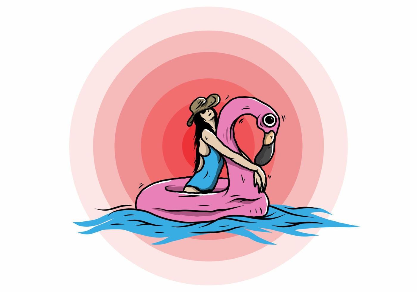 Girl wearing beach hat in an inflatable lifebuoy Flamingo illustration vector