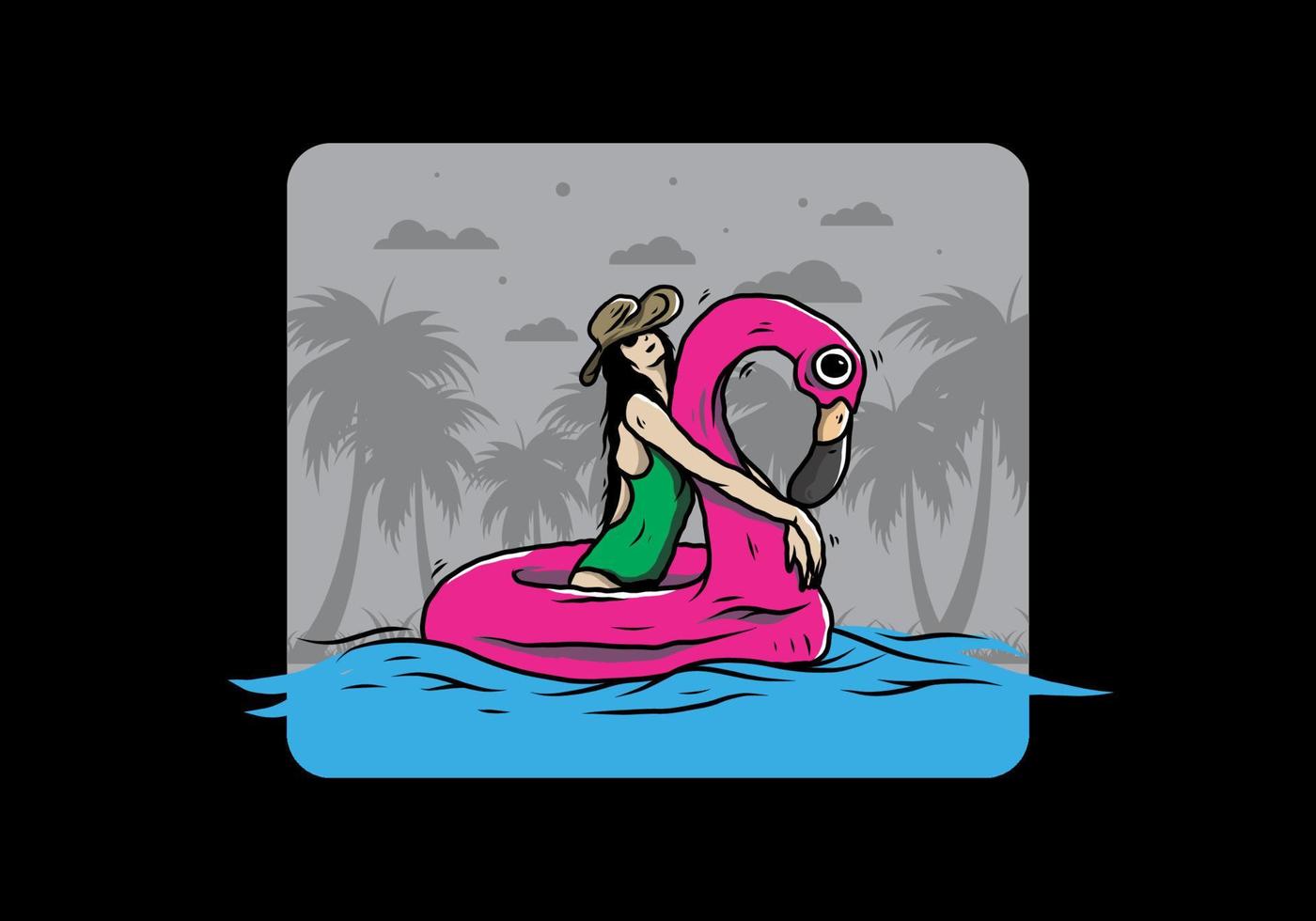 Girl wearing beach hat in an inflatable lifebuoy Flamingo illustration vector