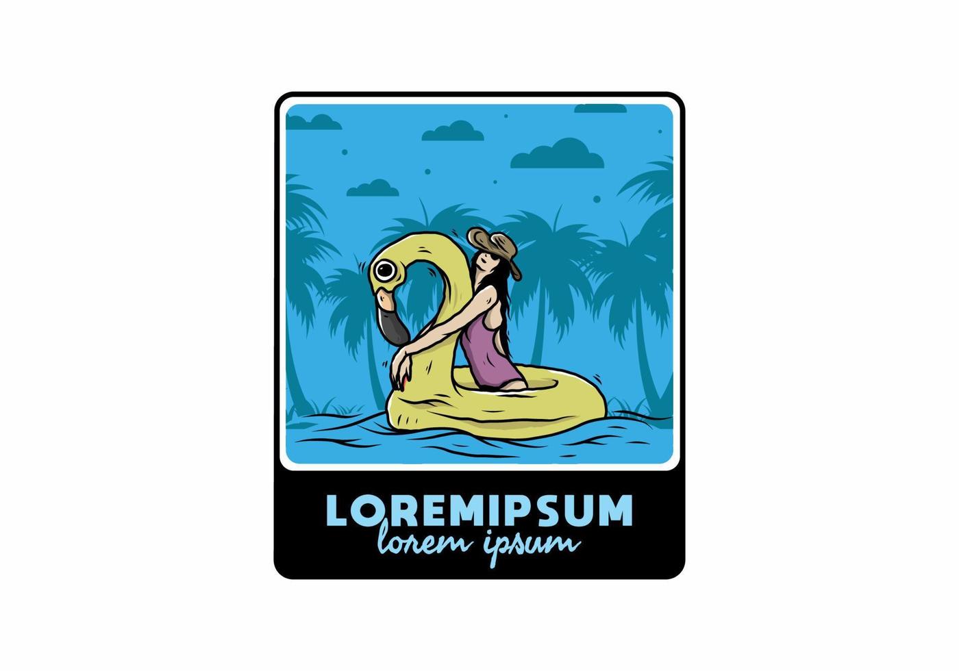 Girl wearing beach hat in an inflatable lifebuoy Flamingo illustration vector