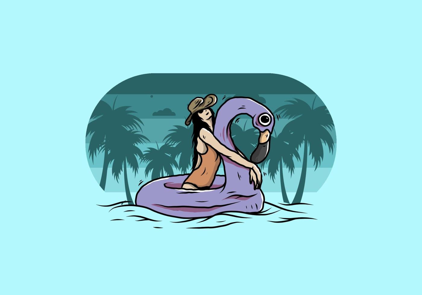 Girl wearing beach hat in an inflatable lifebuoy Flamingo illustration vector