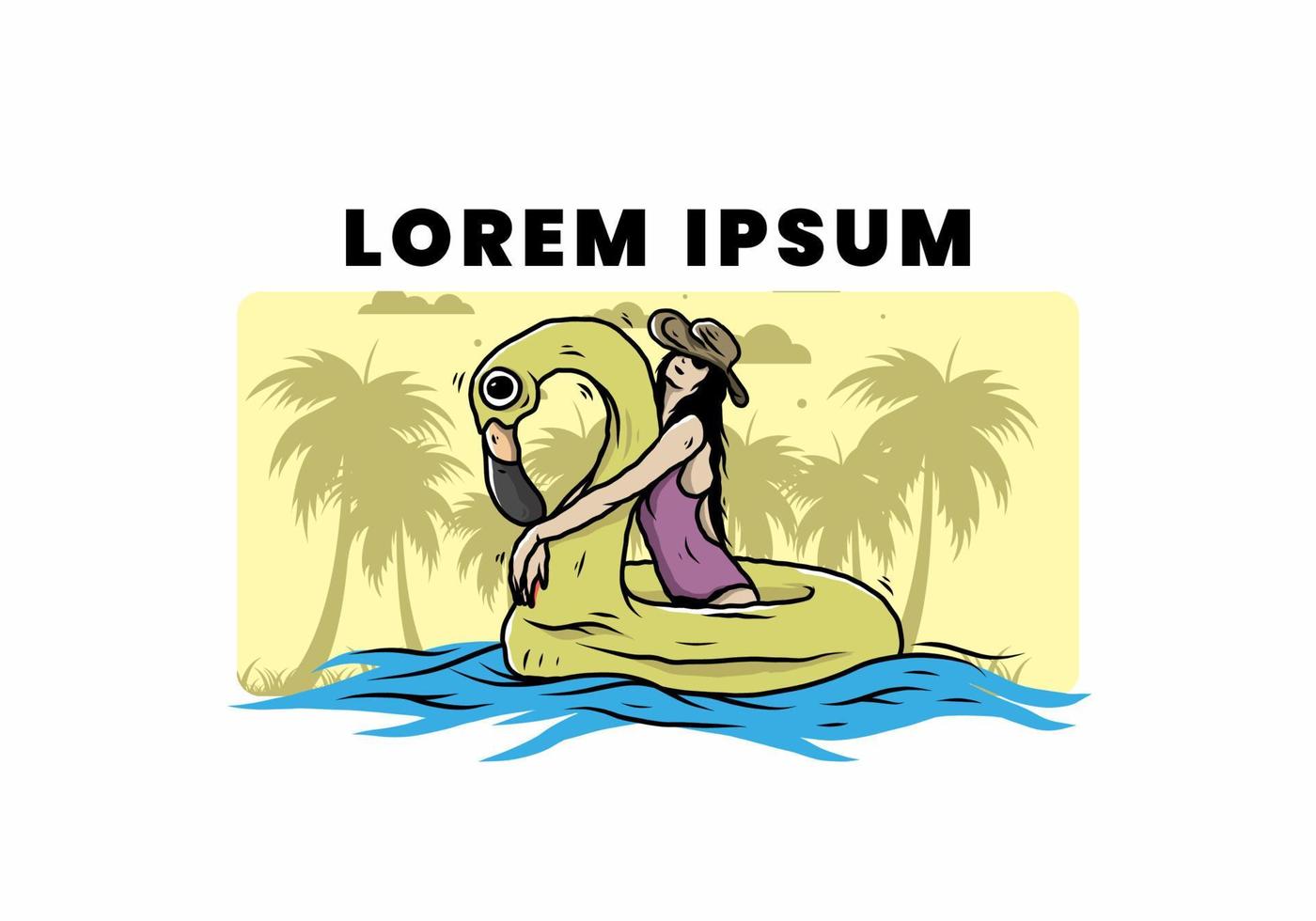 Girl wearing beach hat in an inflatable lifebuoy Flamingo illustration vector