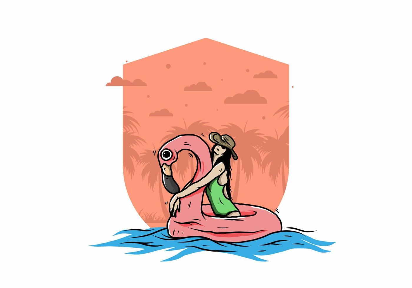 Girl wearing beach hat in an inflatable lifebuoy Flamingo illustration vector