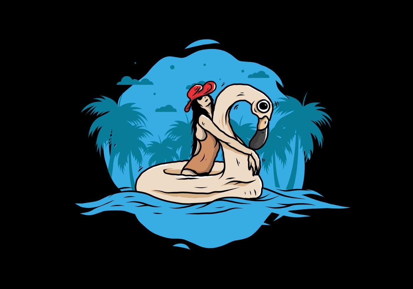Girl wearing beach hat in an inflatable lifebuoy Flamingo illustration vector