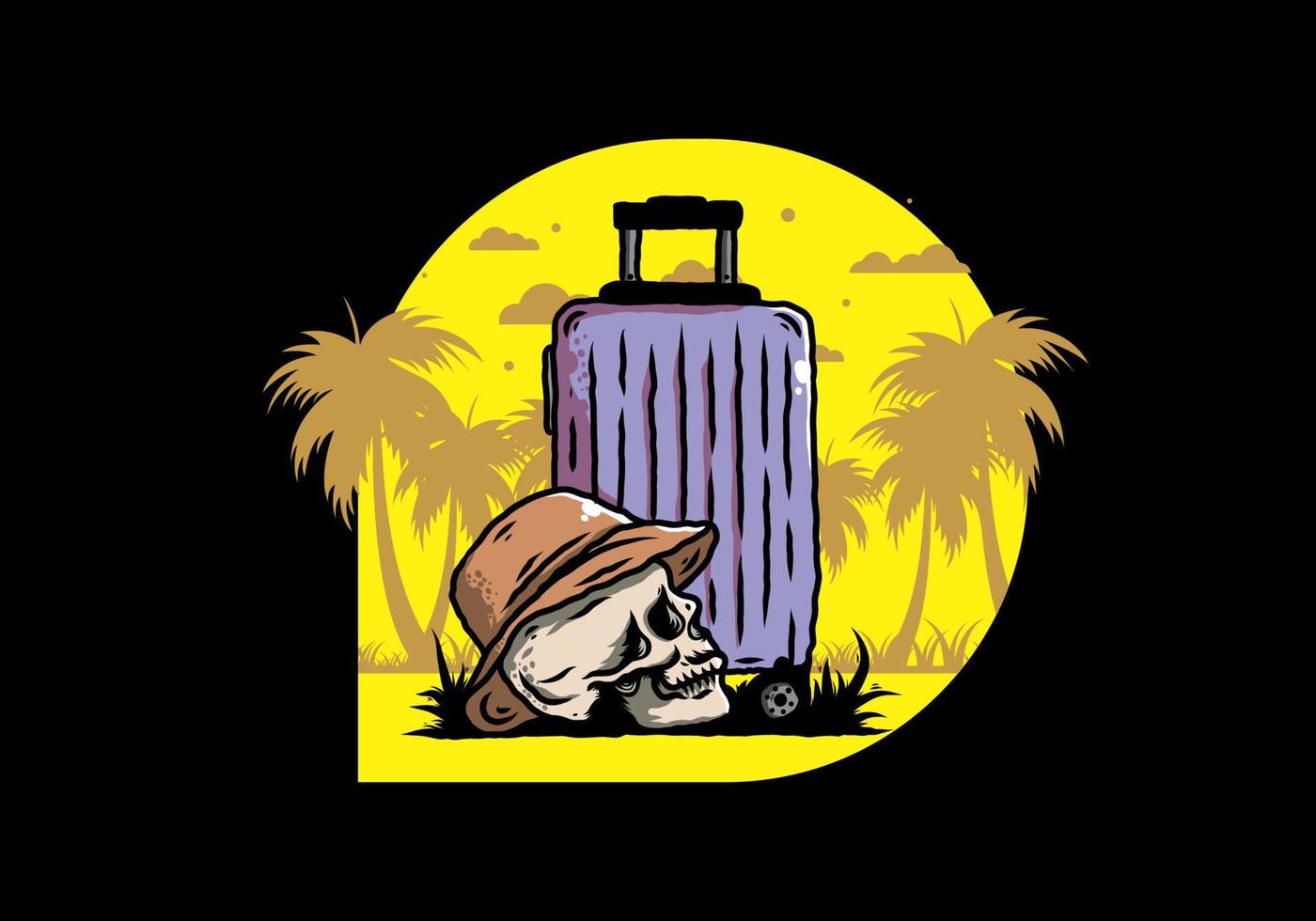 skull head wearing a hat under a traveling suitcase illustration vector