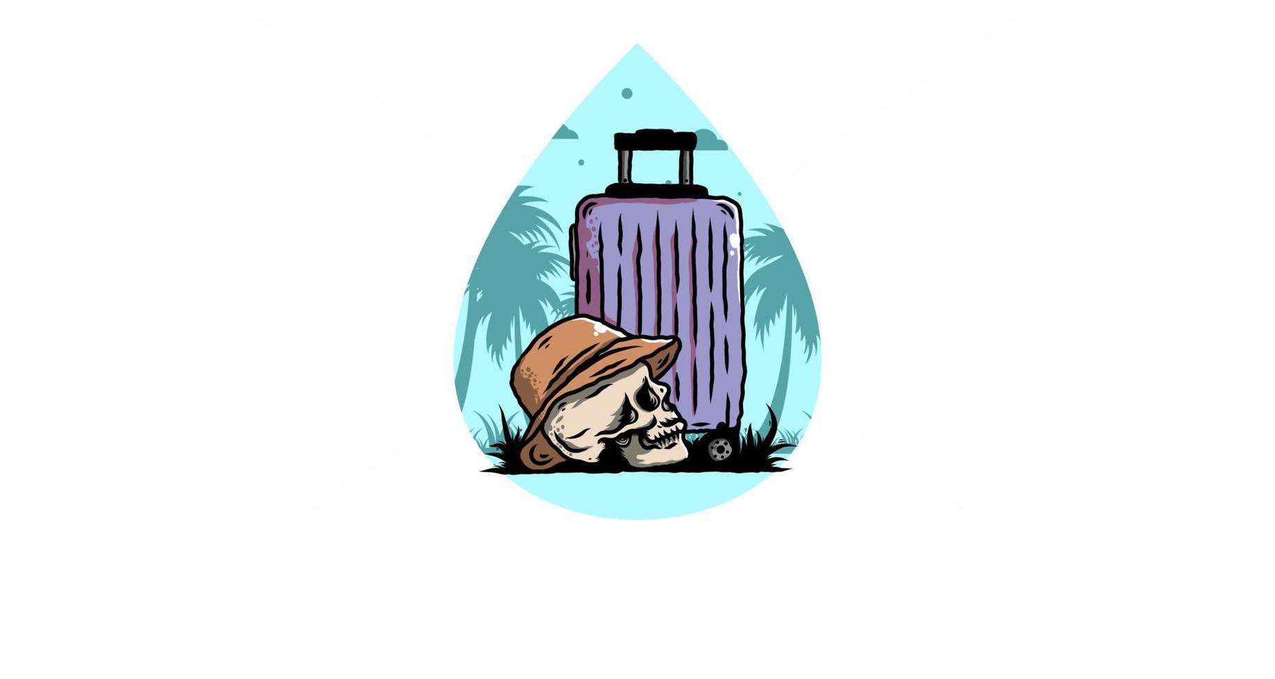 skull head wearing a hat under a traveling suitcase illustration vector