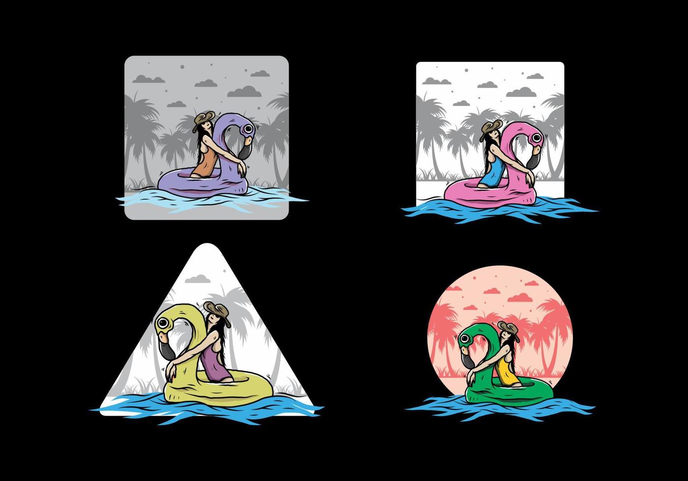 Girl wearing beach hat in an inflatable lifebuoy Flamingo illustration vector