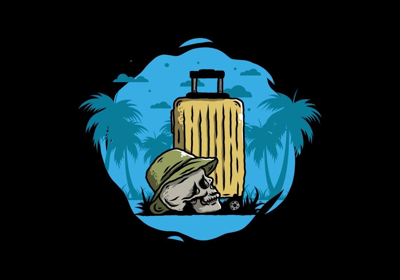 skull head wearing a hat under a traveling suitcase illustration vector