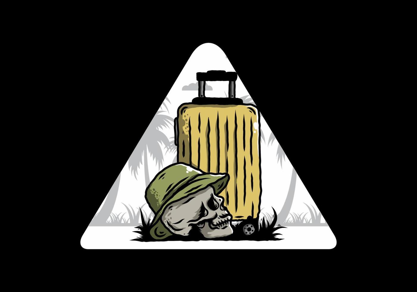 skull head wearing a hat under a traveling suitcase illustration vector