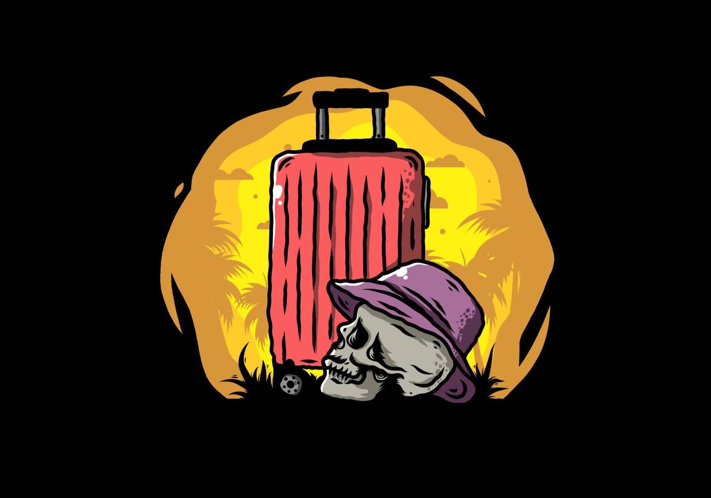 skull head wearing a hat under a traveling suitcase illustration vector